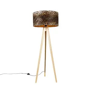 Moderní stojací lampa ze dřeva, leopardí stínidlo 50 cm - stativ Classic