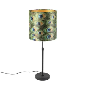 Stolní lampa černá s velurovým odstínem páv se zlatem 25 cm - Parte