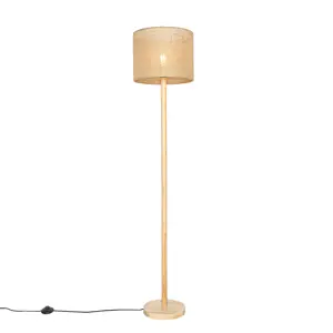 Venkovská stojací lampa dřevěná s lněným stínidlem natural 32 cm - Mels